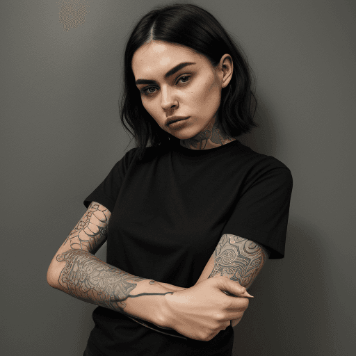 AI generated: a woman in black shirt with her arms folded against , in the style of tattoo, normcore, dark silver ...