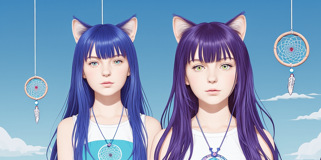 AI generated: Dream Catcher, in the style of crisp neo-pop illustrations, sky-blue, nightcore, the cat behind the ...