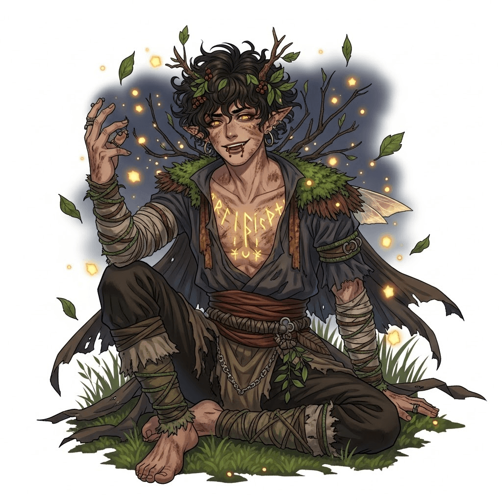 AI generated: Wild fae prince man, in the style of Masashi Kishimoto — barefoot, dirt on cheeks, messy dark curly ...