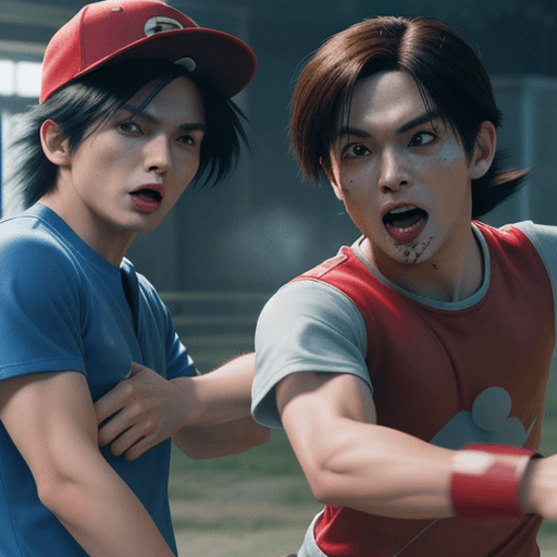 AI generated: Hyper realistic photo of Ash Ketchum and Pikachu in a bloody battle between Team Rocket
