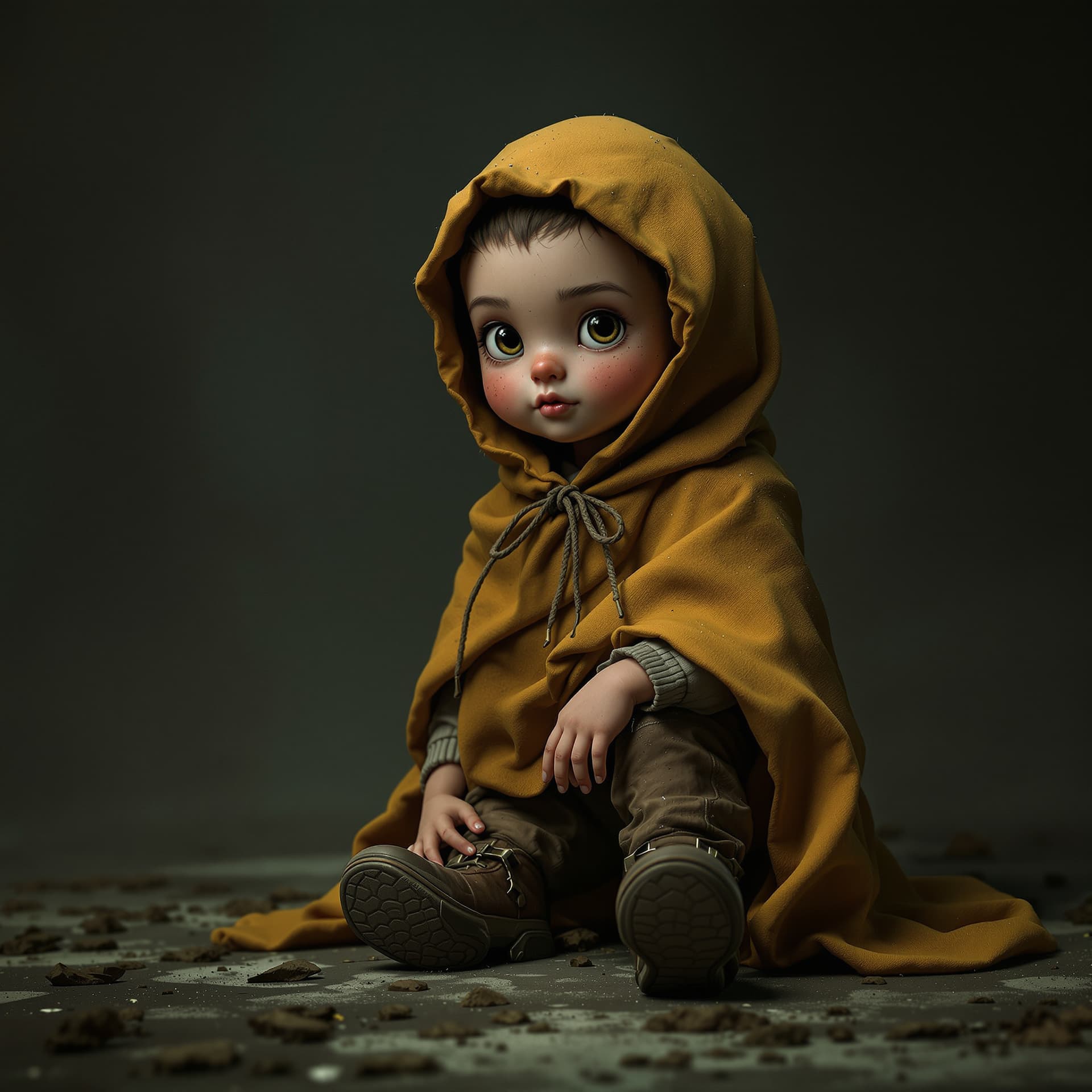AI generated: Niño muy pequeño (aprox 60–70 cm de altura), cuerpo delgado, cabeza levemente grande. Lleva una capu...