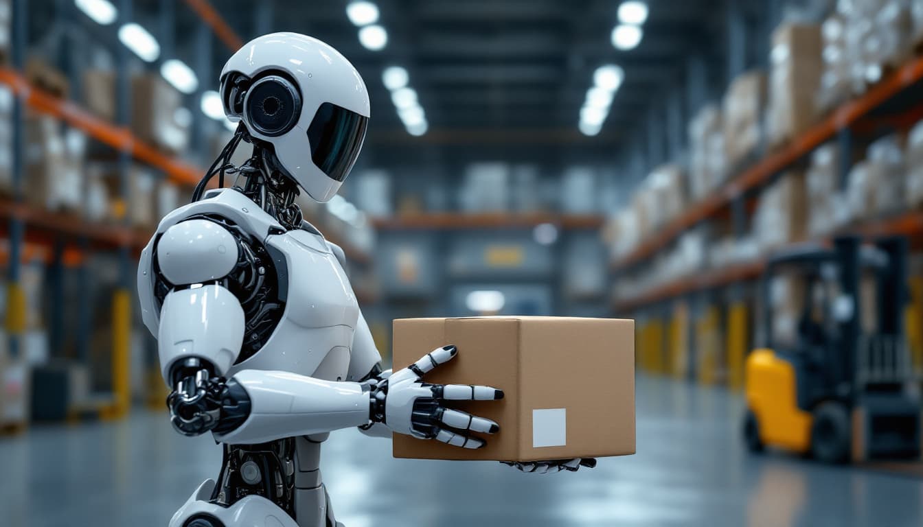 AI generated: A robotic warehouse staff carrying a box package in a high-tech warehouse, forklift on the backgroun...