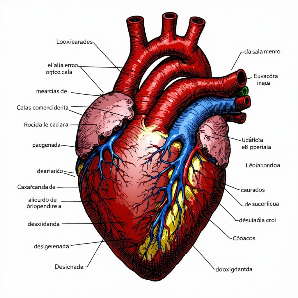 AI generated: Realiza un dibujo del corazón en el que se vean sus cavidades, sus válvulas y los vasos sanguíneos q...