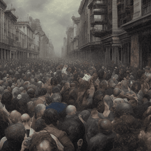 AI generated: close up, crowd of hungry people at the street of a city, sad faces, post apocaliptic, dark clouds, ...