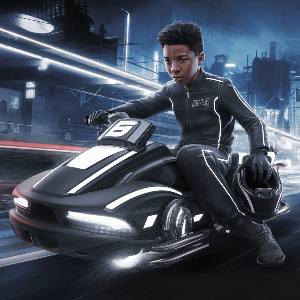 AI generated: A stunning, ultra-realistic illustration of american black boy Mario Kart-style racing bike, designe...