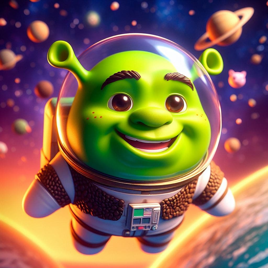 AI generated: Shrek in a green spacesuit, floating in space with a smile on his face cute, kawaii, close-up