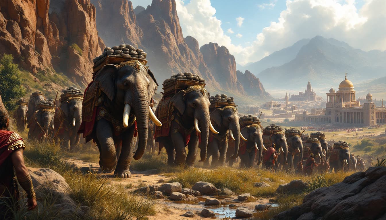 AI generated: An illustration of Hannibal  the Carthaginian general walking through the mountains  with his army t...