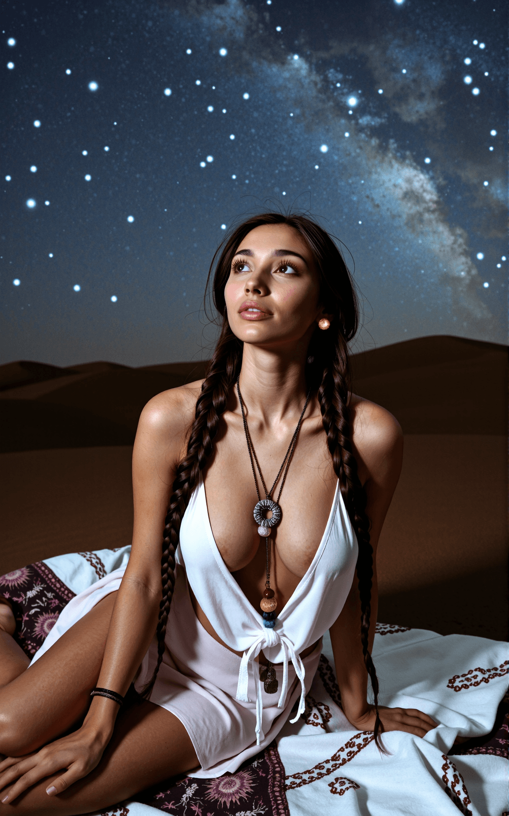 AI generated: A petite brunette with long, intricate braids cascading over her shoulders lounges on a patterned bl...