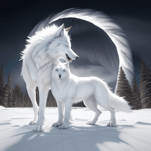 AI generated: [1] A majestic white wolf, [2] with thick, silvery fur glistening in the arctic moonlight and pierci...