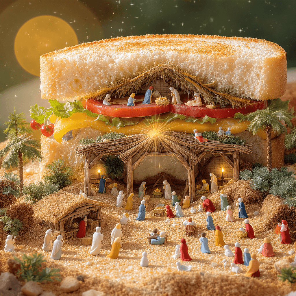 AI generated: draw me a Lilliputian world, where we have people living in a sandwich, people doing activities as i...