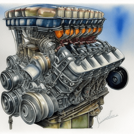 AI generated: watercolor graffiti art, V8 engine in garage workshop, hyperdetailed 