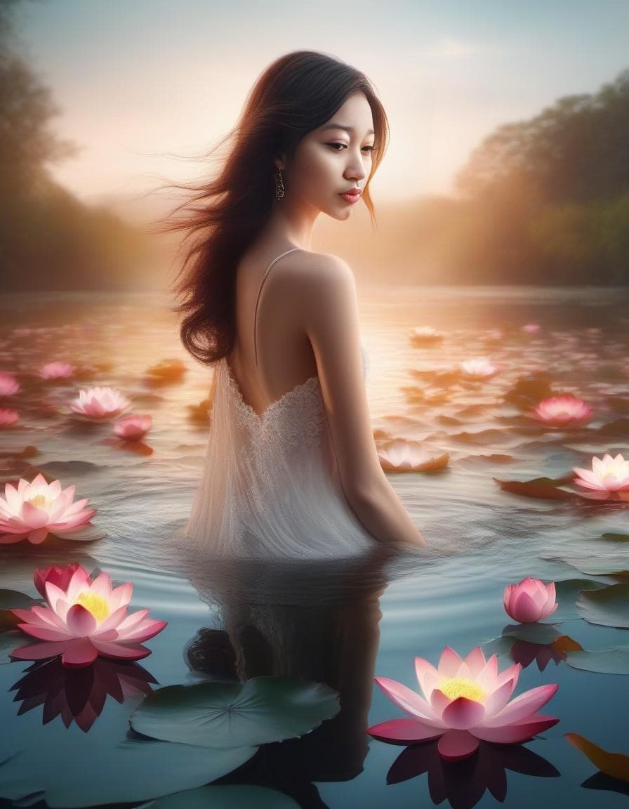 AI generated: A visual stunning photo of a woman bathing in a lake full of lotus flowers | centered| intricate| hi...