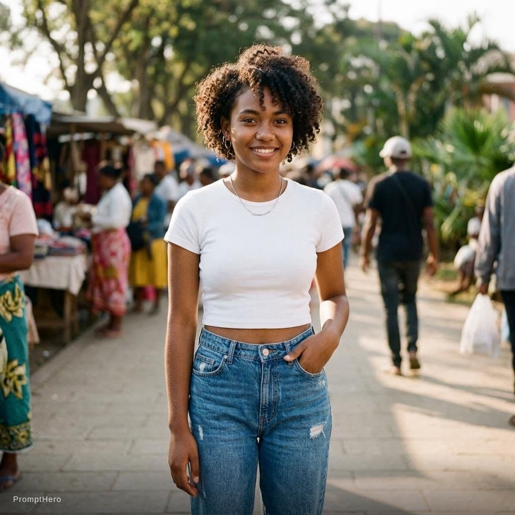 AI generated: generate an malagasy teen 18 girl. Make it realistic. Give her an white crop top to wear. She have a...