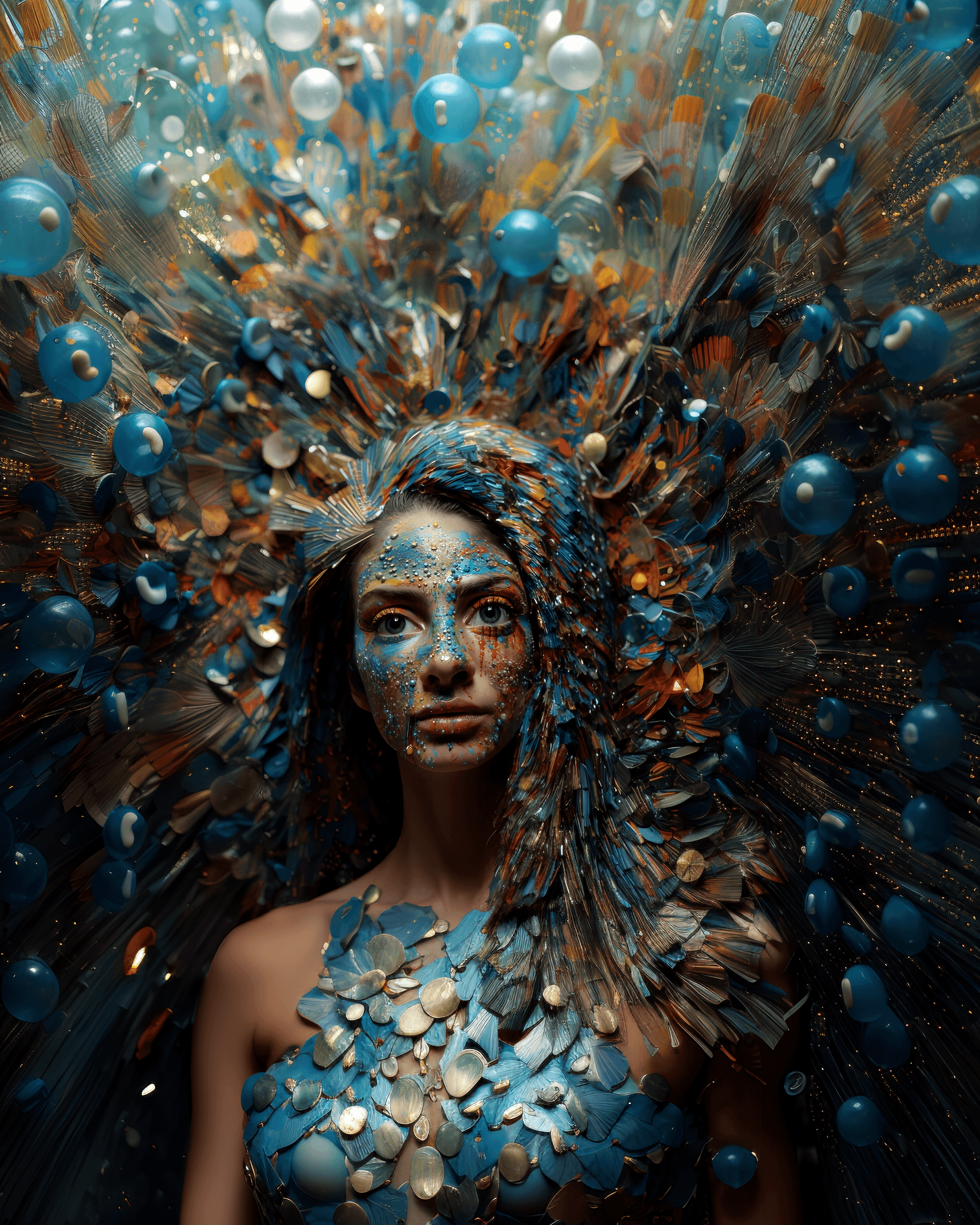 AI generated: a woman has glittering eye makeup with pins, in the style of fantastical contraptions, stanley kubri...