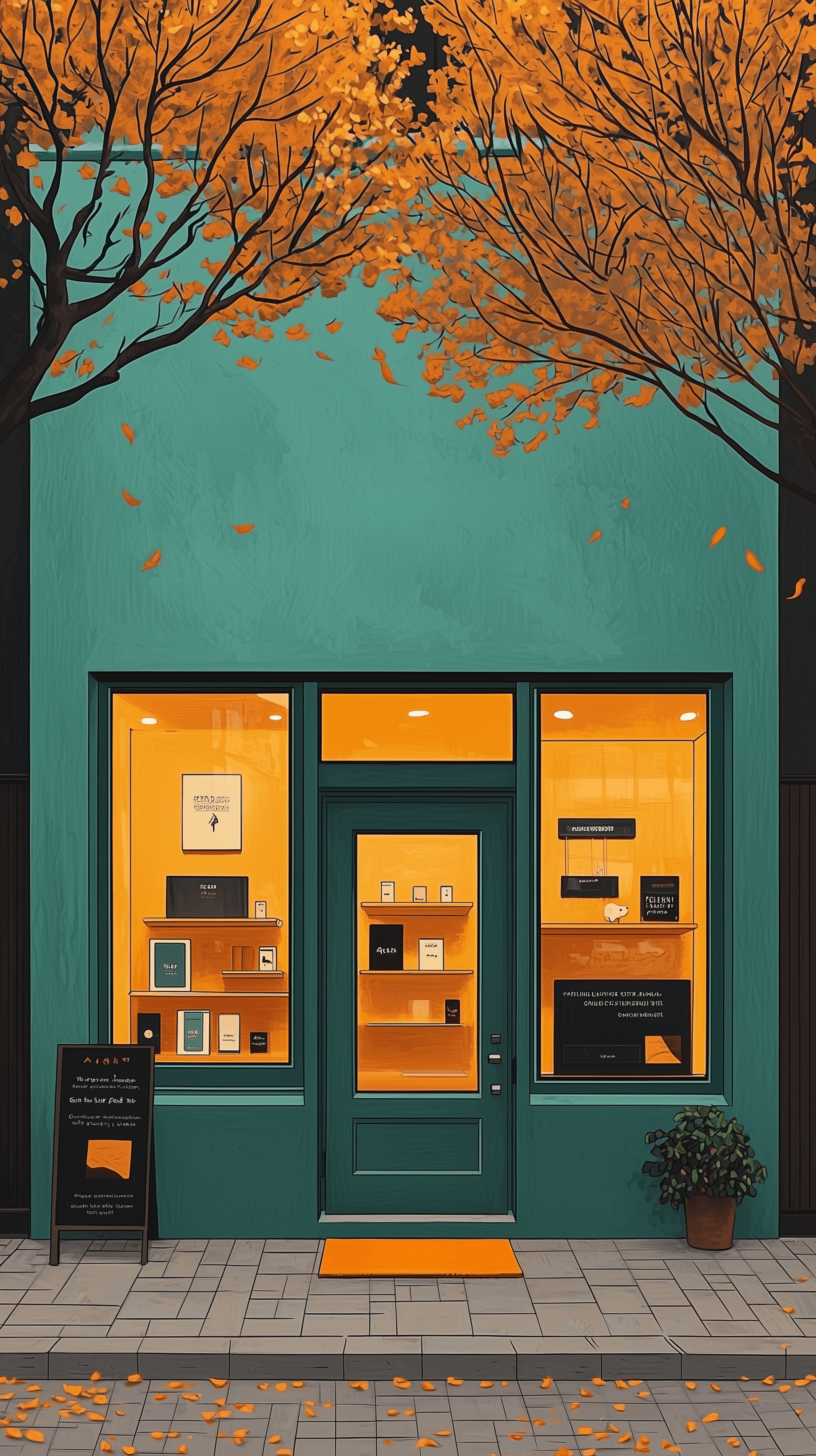 AI generated: illustration, store facade, facade feature clean lines with a sophisticated pastel blue palette, int...