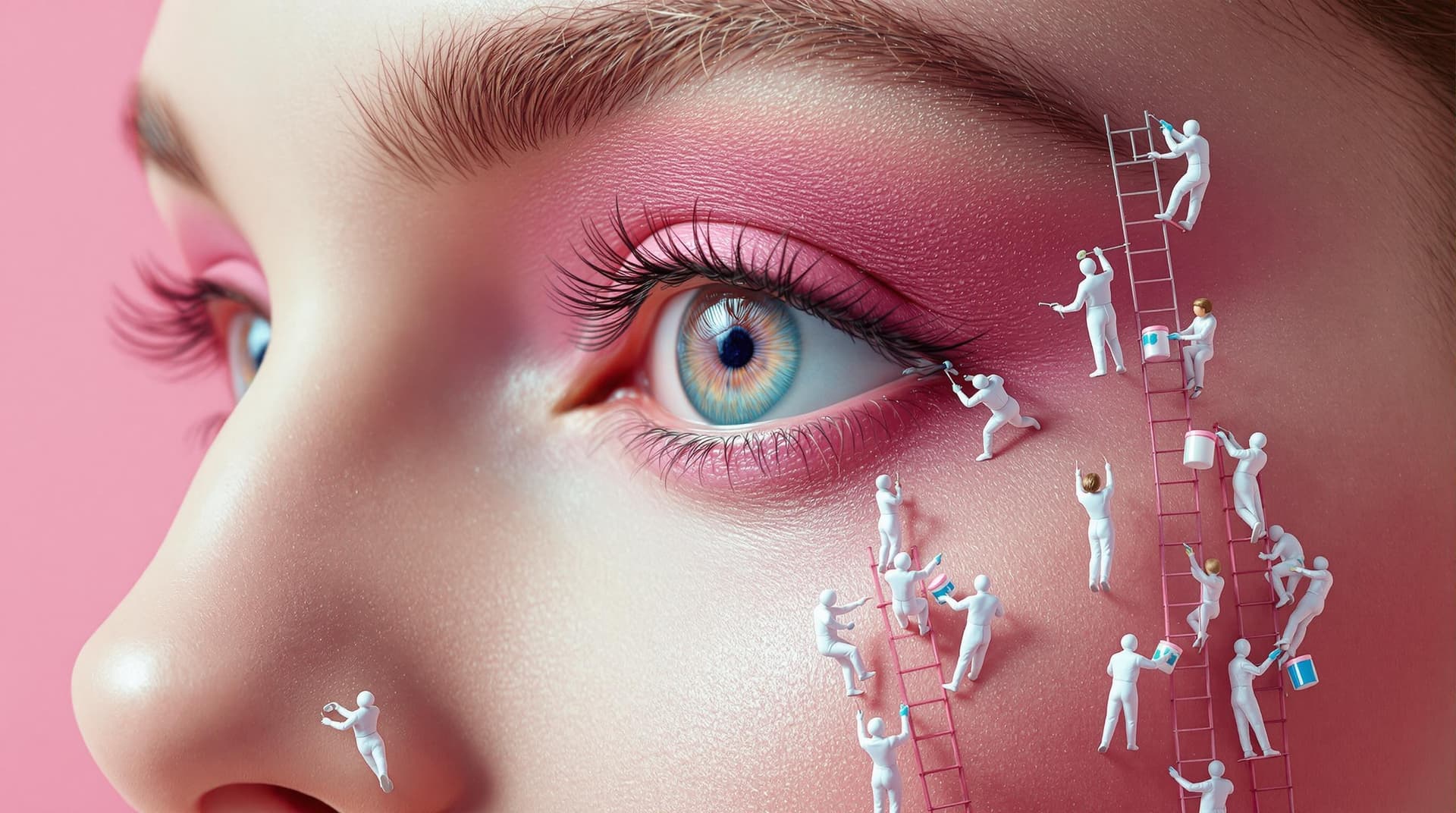 AI generated: Create a Real Eye of a Model Face - A real photo of numerous tiny people, reminiscent of midgets, pe...