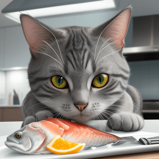 AI generated: close-up photography of (grey tabby cat:1.2) (cuts the fish with a knife on the table:1.2), (c4ttitu...