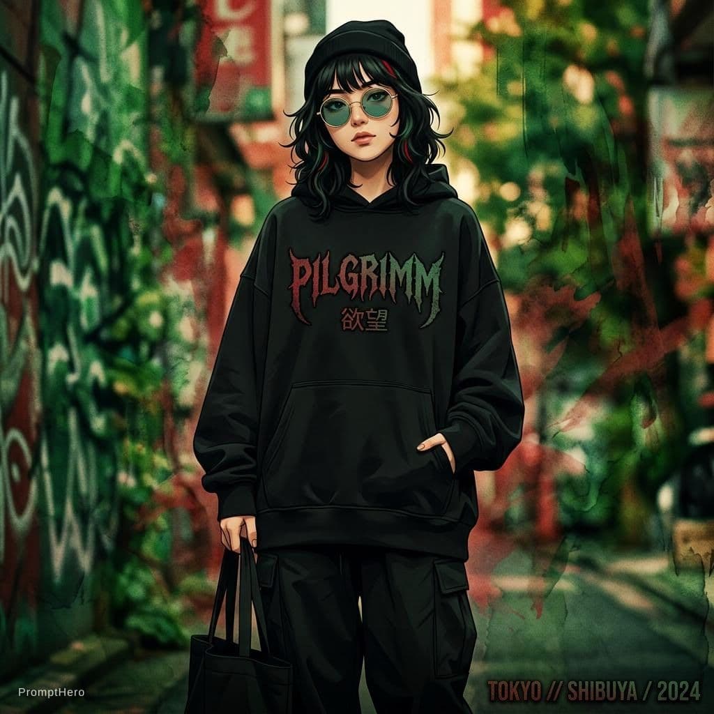 AI generated: Anime female Asian model, green and red background, black clothes with oversized sweatshirt, round h...