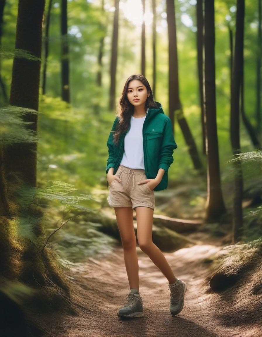 AI generated: A real photo of a blonde instagram influencer taking a hike in the woods on a sunny warm day ultra r...