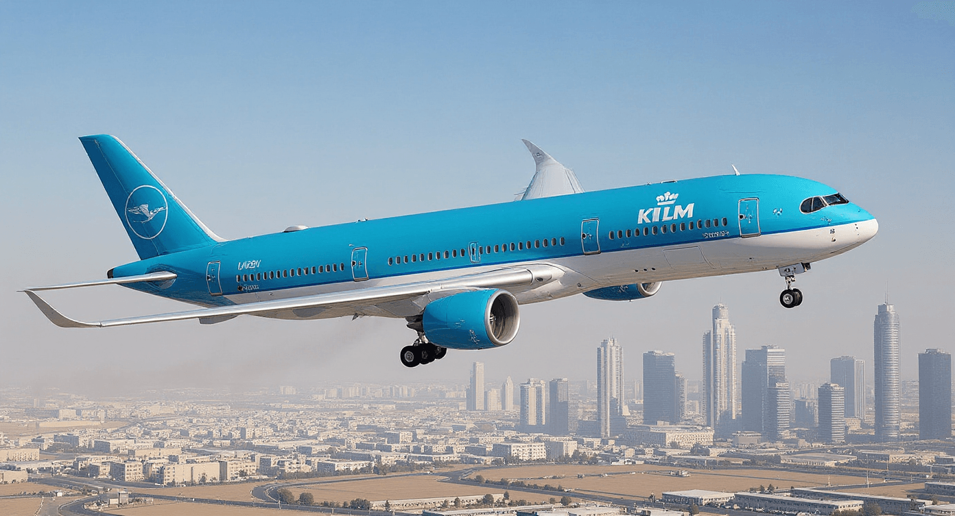 AI generated: UHD image of KLM Airbus 350 taking off in Dubai.