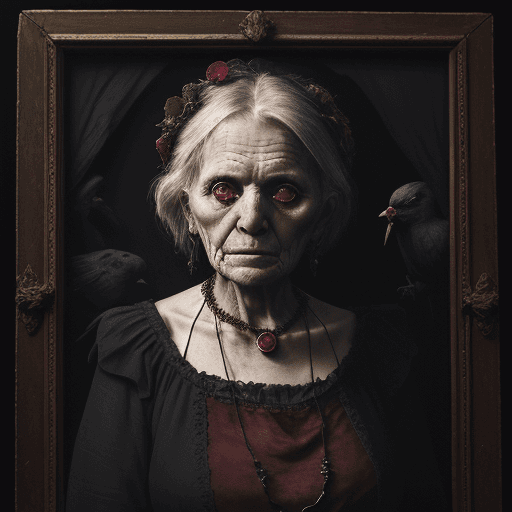 AI generated: portrait of a very old woman with a ruby necklace in an antique and torn dress, dark room, dried flo...