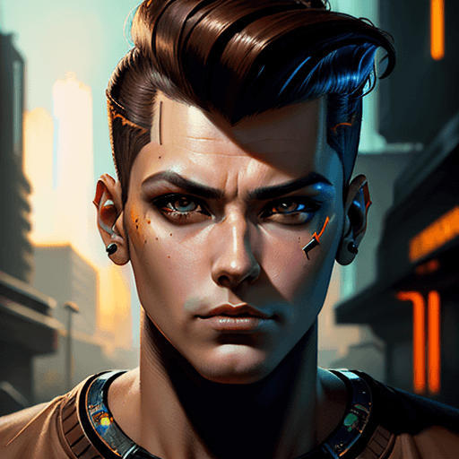 AI generated: Concept art guy in cyberpunk style, realism, bright big eyes, painting, brown eyes, pompadour, t-shi...