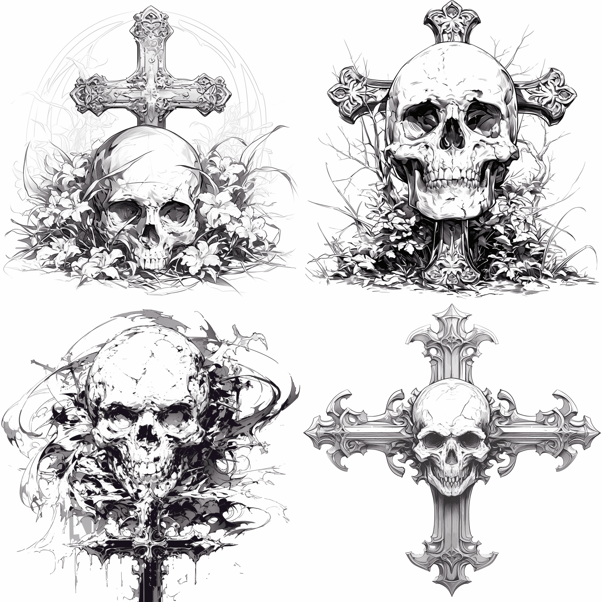 AI generated: A cross next to a skull in the background, no other elements added, black line drawing, gothic, line...
