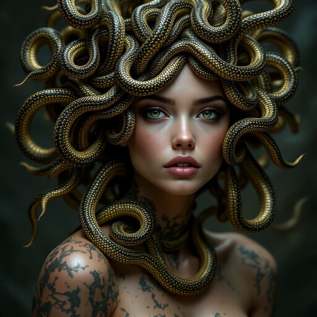 AI generated: A photorealistic portrait of stunningly beautiful medusa woman, instead of hair she has hundreds of ...