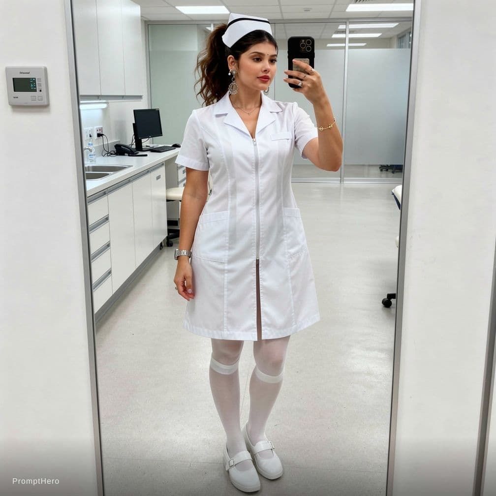 AI generated: A playful yet provocative scene of a curvy nurse with an hourglass figure and soft athletic thighs, ...