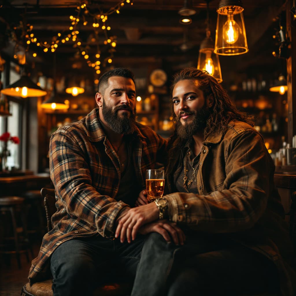 AI generated: A towering man and woman, each 5 meters tall, sit casually in a cozy, dimly lit bar with rustic wood...