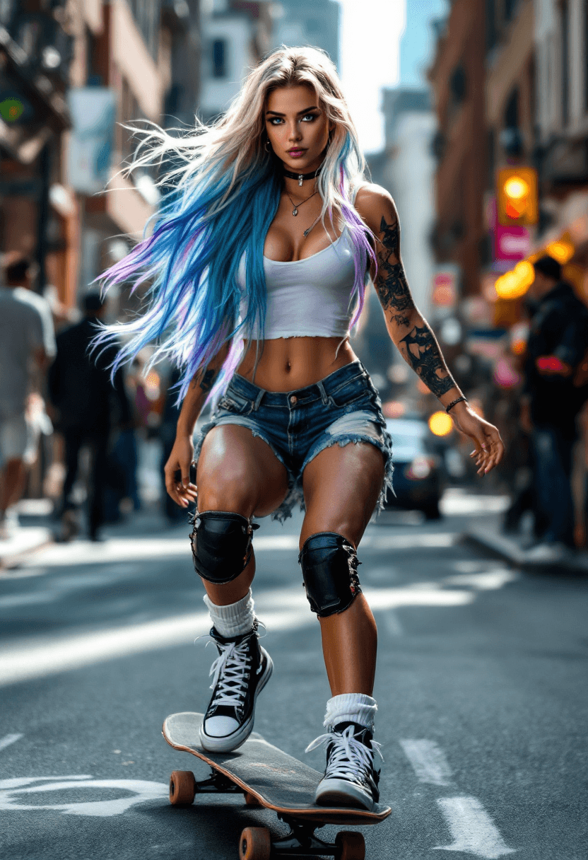 AI generated: (8K) viewed from the side, masterpiece image of a beautiful brunette riding a skateboard down a busy...