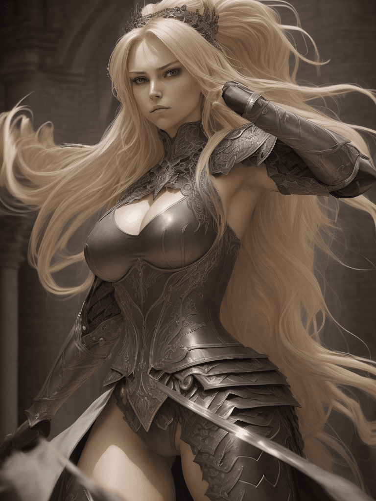 AI generated: a beautiful stunning female warrior large bosom in a fighting stance, posed within a dark, mystical ...