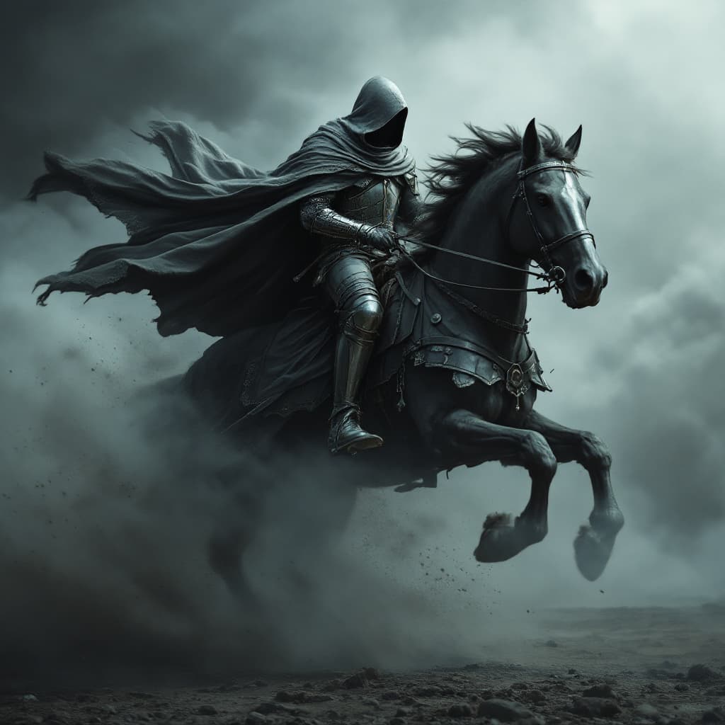 AI generated: a hooded knight riding his horse in full gallop, smoke around him, detailed, hyper-realistic. --ar 7...