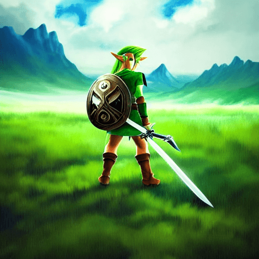 AI generated: High resolution render, digital painting, link from legend of Zelda, standing in a grassy field, hol...