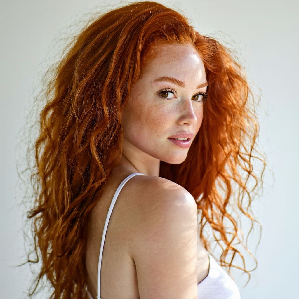AI generated: A stunning 24-year-old Brazilian woman with vibrant ginger hair that cascades in soft waves over her...