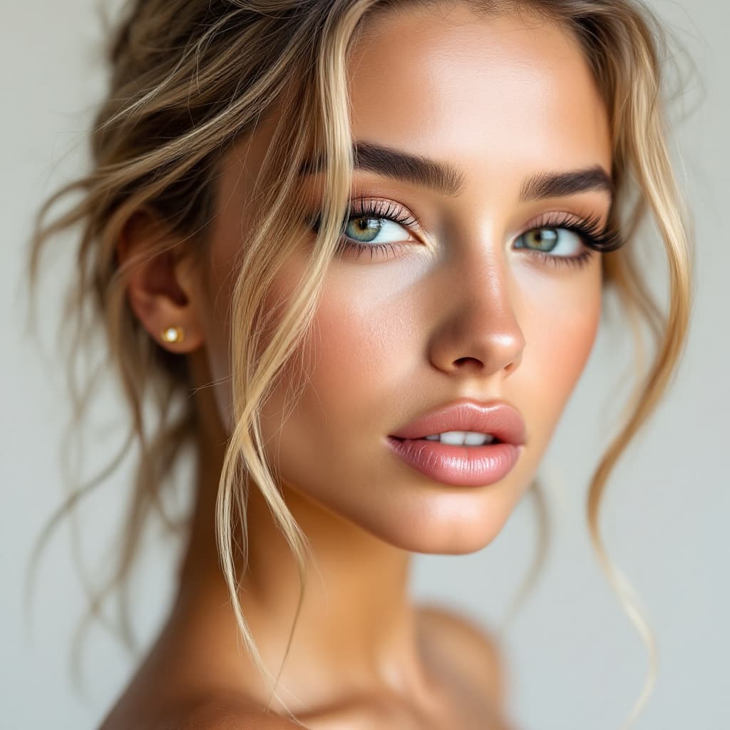 AI generated: Alexis ren, tanned, blonde highlights natural lashes cute nose