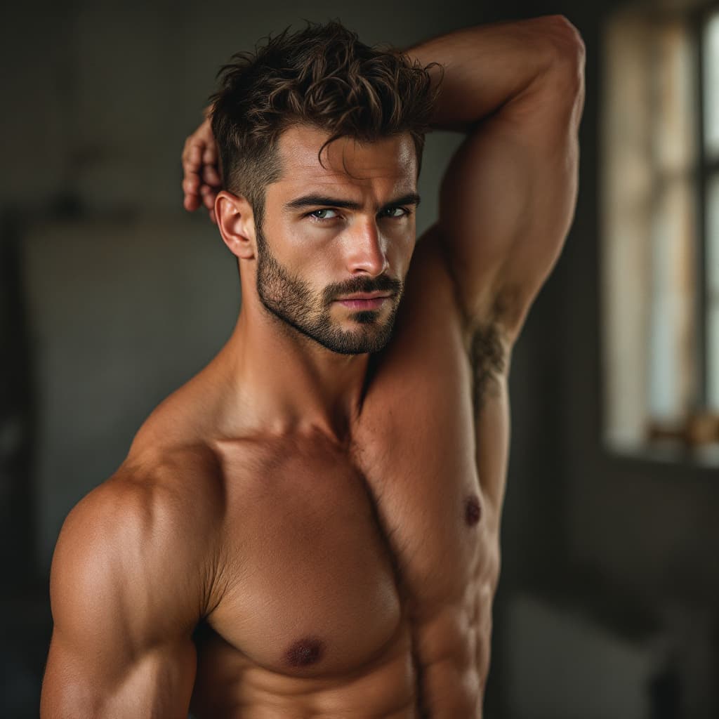 AI generated: Attractive hungarian man in his 30s, shirtless not shaved for 2 days lifting his arm with toned musc...