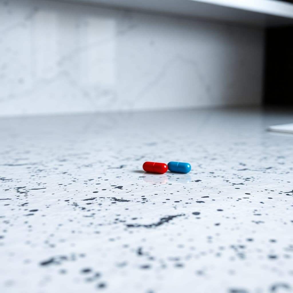 AI generated: Clean kitchen countertop made of granite, two pills laying on the counter, one red and one blue, min...