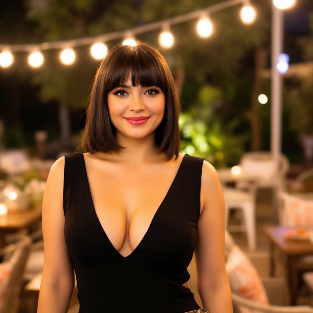 AI generated: A woman stands confidently outdoors at night with short straight black hair, wearing a fitted sleeve...
