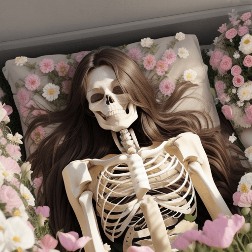 AI generated: A skeleton laying in a bed of flowers, long brown hair