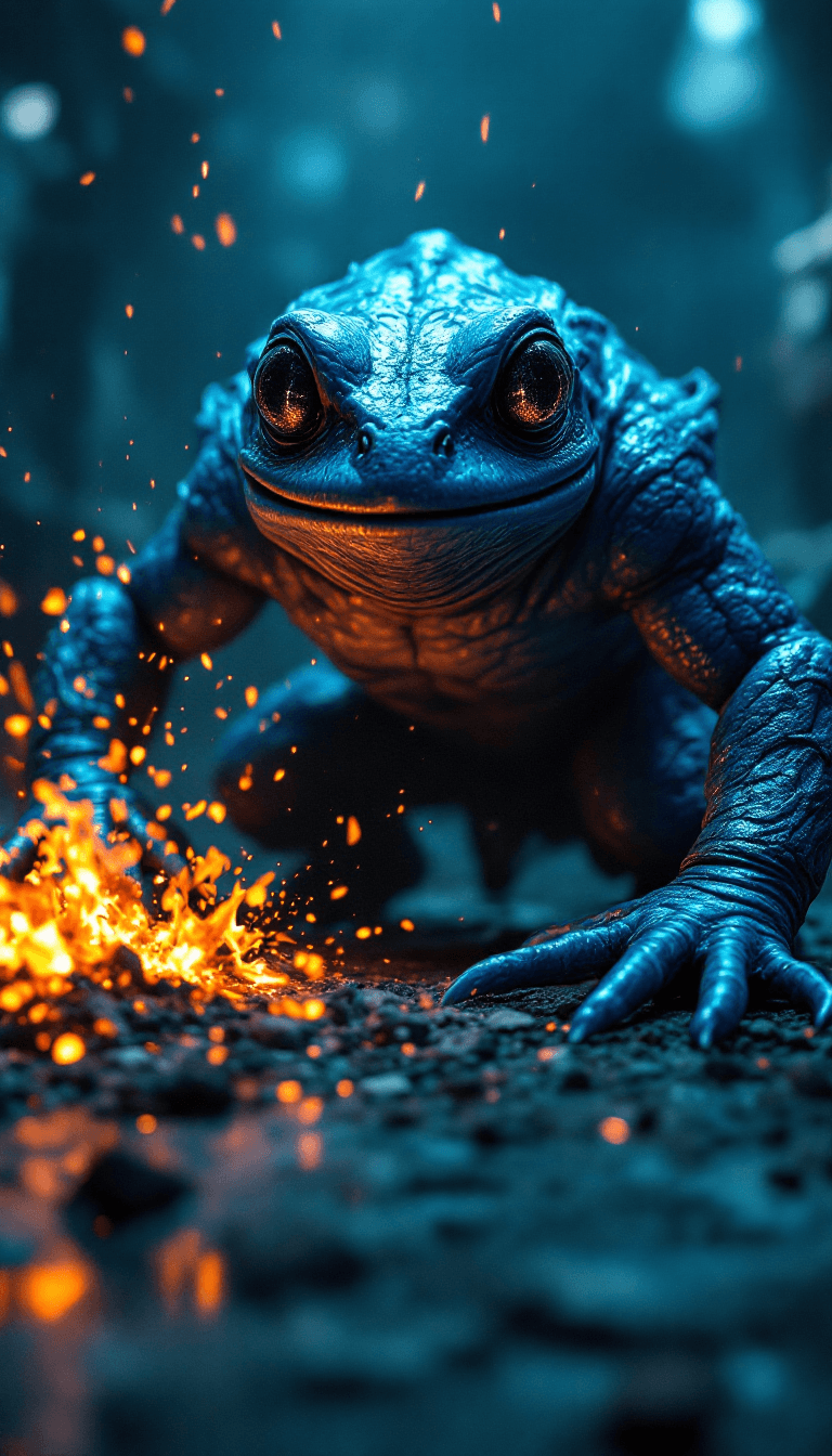 AI generated: terrifying full length shot of an intimidating radioactive atomic humanoide BLUE frog in a laborator...