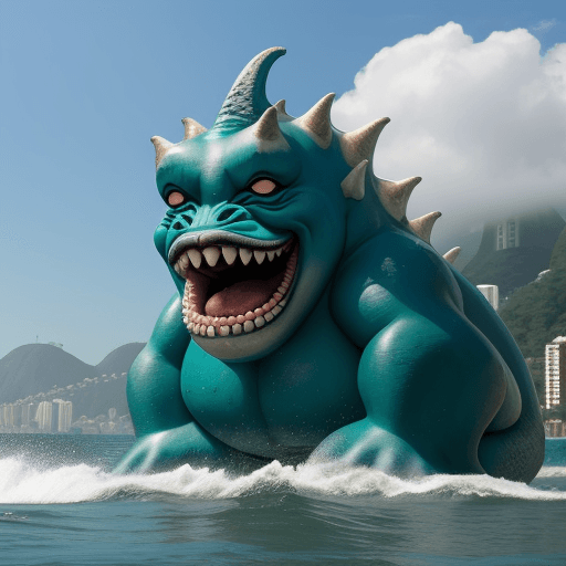 AI generated: monstro aquatico surgindo na praia de copacabana no rio de janeiro, monstro verde, gosmento, loiro, ...