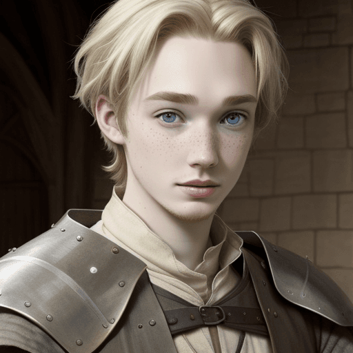AI generated: Adult Toby Regbo medieval man blond hair grey eyes freckles medieval clothing
