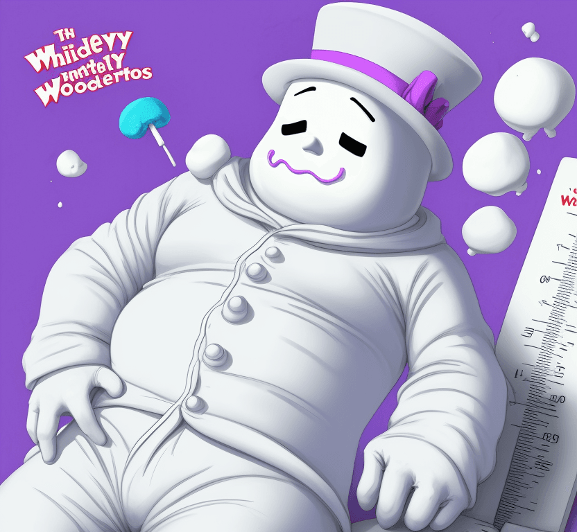 AI generated: marshmallow man, sick, sad, laying down, thermometer, willy wonka background, colorful, fantasy