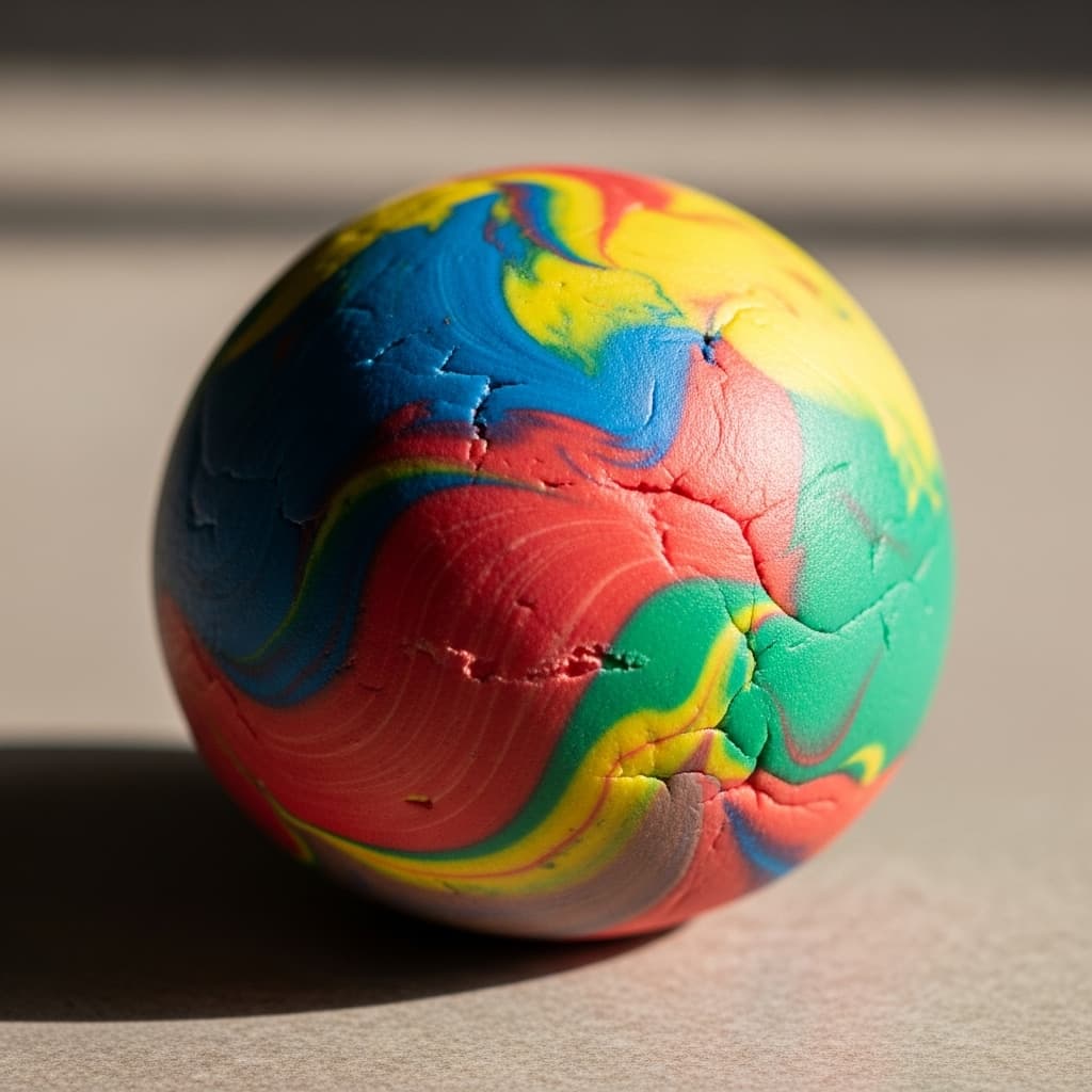 AI generated: A ball of plastilina mezclada de colores no del todo redonda

