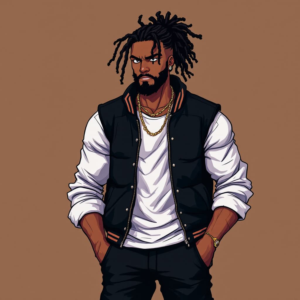 AI generated:  pixel art style of  black male with dread locs full beard in a pony tail , cheese with confident sl...