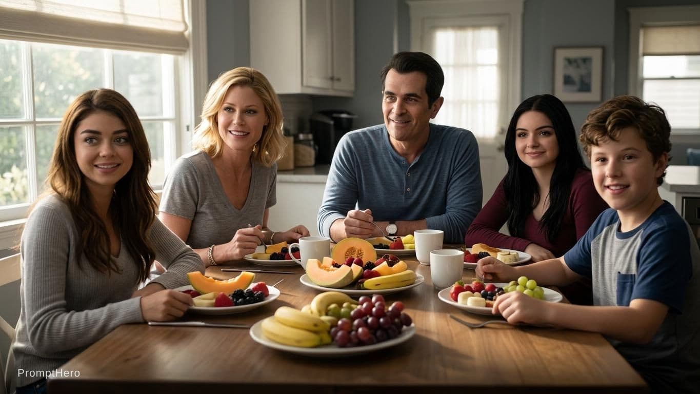 AI generated: (A shot of a family:1.3), that looks like the characters of the Dunphy family from Modern Family, ha...
