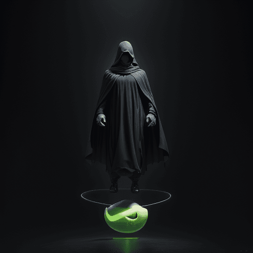 AI generated: A happy cartoon melon fruit,levitating dark cloaked figure with Nike swoosh on cloak opening the voi...