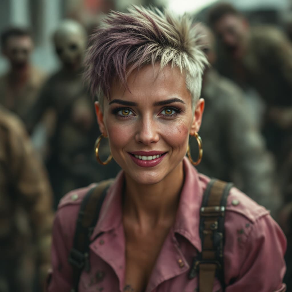 AI generated: A mature woman with punk hairstyle, wearing pink army sleeves with long neckline and smiling with fe...