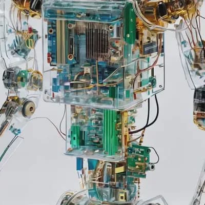 AI generated video: Prompt: An award-winning fully transparent robot with a mesmerizing concept design. The polycarbonat...